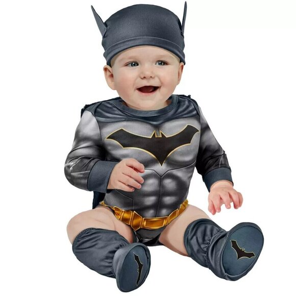 NEW Batman Halloween Costume Baby 0-6 Months DC Rubie's Bodysuit Booties Cape - Picture 1 of 4